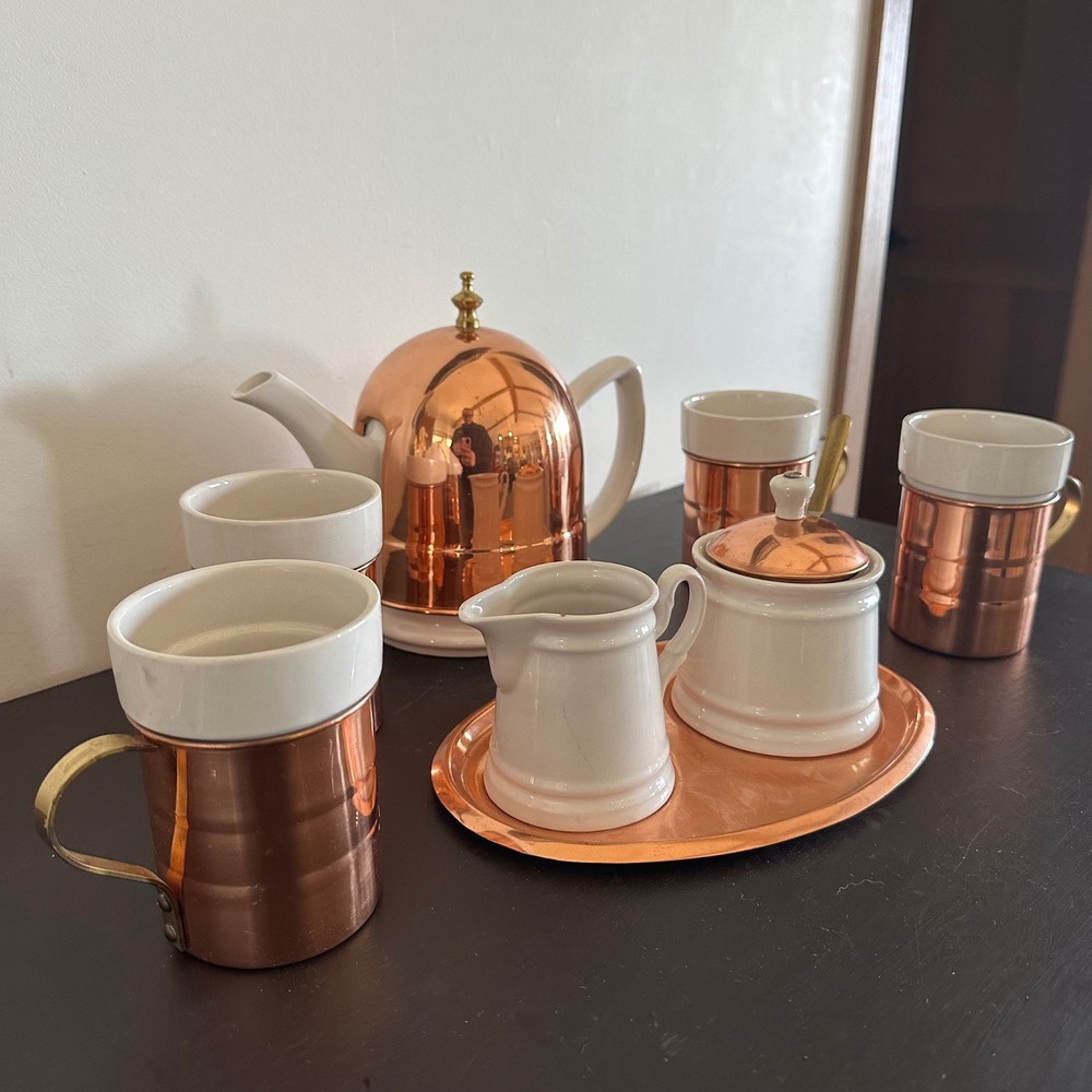 Vtg Baker Hart & Stuart Ceramic Copper Tea Set Teapot 4 Mugs Creamer 9pc Service - Picture 2 of 16